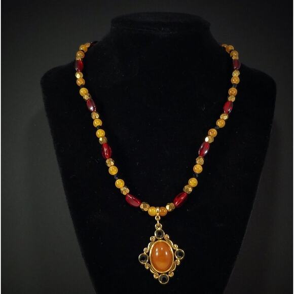 Vintage 1928 Necklace Red Gold Beaded Pendant Quartz Cabochon Black Crystals - Picture 4 of 10
